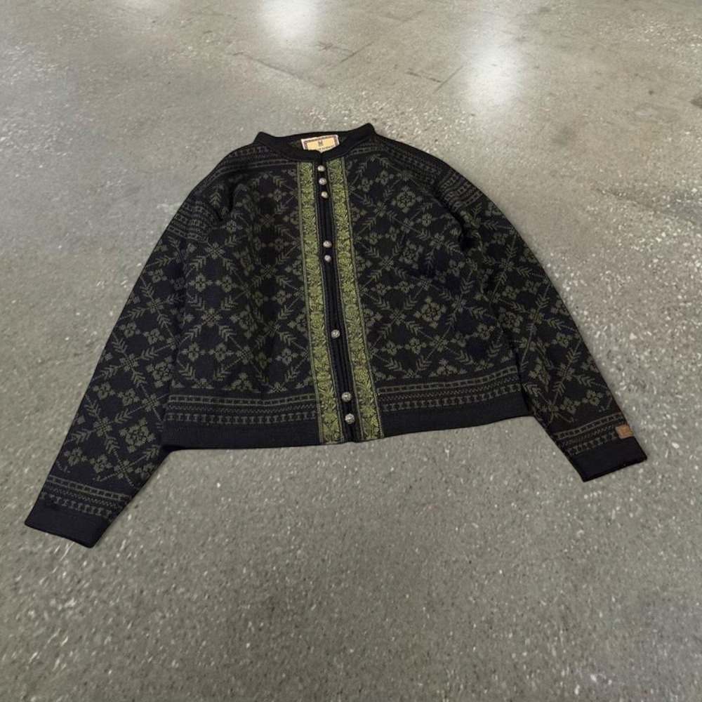 Vintage Dale of Norway Wool Green Black Nordic Cardigan Sweater Womens Medium